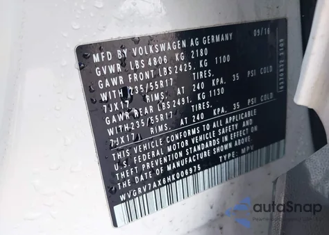 2017 Volkswagen Tiguan 2.0T Wolfsburg Edition from USA, damaged, VIN WVGRV7AX6HK006975